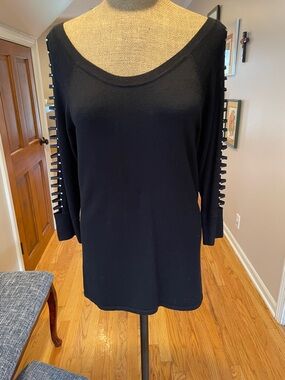 Boston Proper Black Scoop Neck Long Sleeve Top with Ladder Sleeve Detail